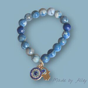 Handmade 10mm Blue Crackle Agate Round Beaded Bracelet with Two Evil Eye Charms